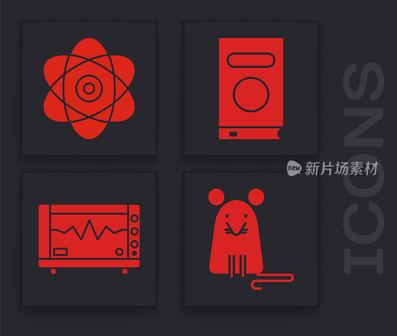 Set Rat, Atom, Book and Computer monitor with cardiogram icon. Vector